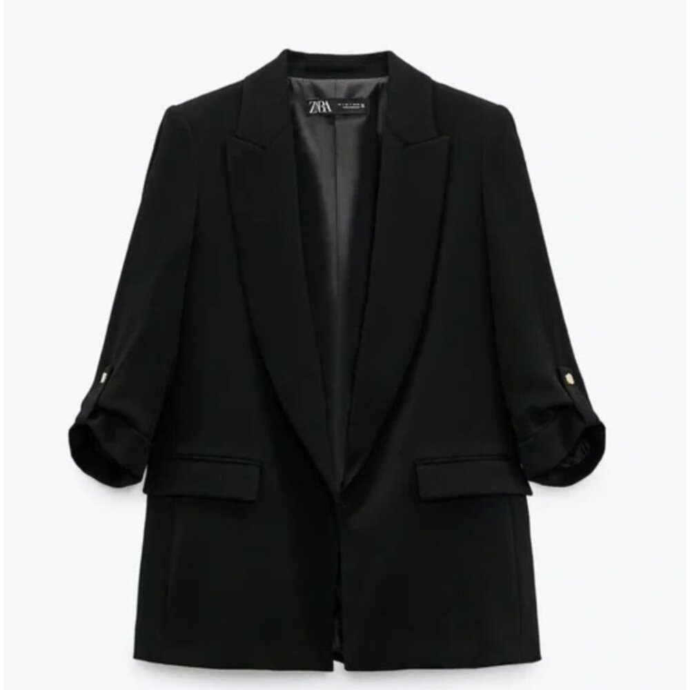 Zara Open Front Blazer With Rolled-Up Sleeves Bla… - image 1